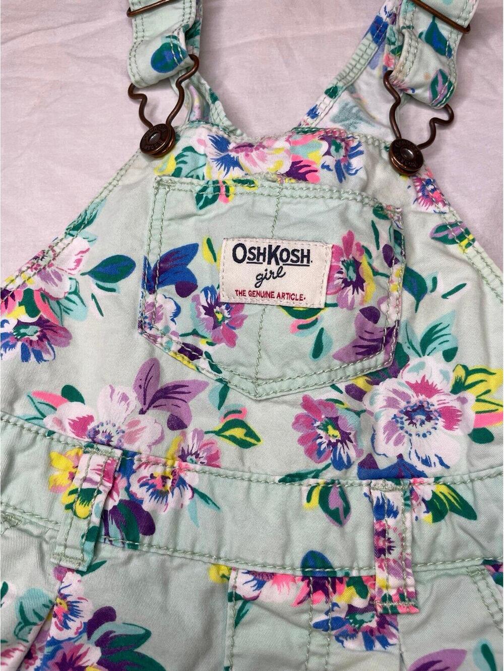 OshKosh Floral Overalls 18 Months Mint Green Shortalls Girls Vintage Style - Picture 2 of 5